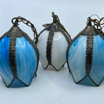 Stunning MCM Set of 3 Blue & White Slag Glass TULIP Hanging Pendant Light Lamps