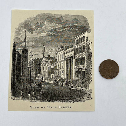 1880s Original Art Print Engraving View of Wall Street New York ~3x4 AC9