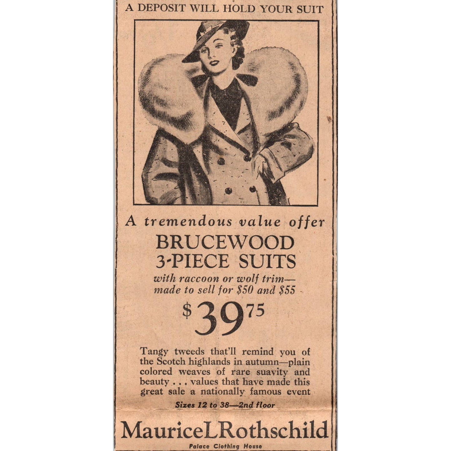 1935 Mpls Journal Newspaper Ad Maurice L Rothschild Brucewood 3-Piece Suit FL5-3