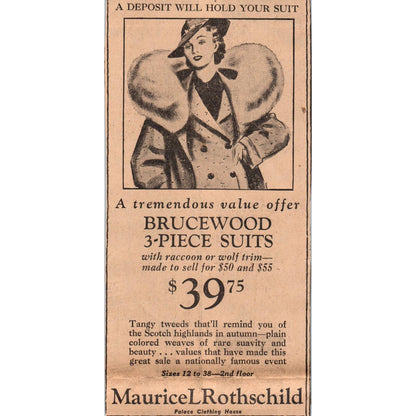 1935 Mpls Journal Newspaper Ad Maurice L Rothschild Brucewood 3-Piece Suit FL5-3