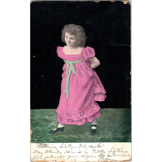 1905 French Victorian Girl in Pink Dress - Original Postcard TJ9-P1