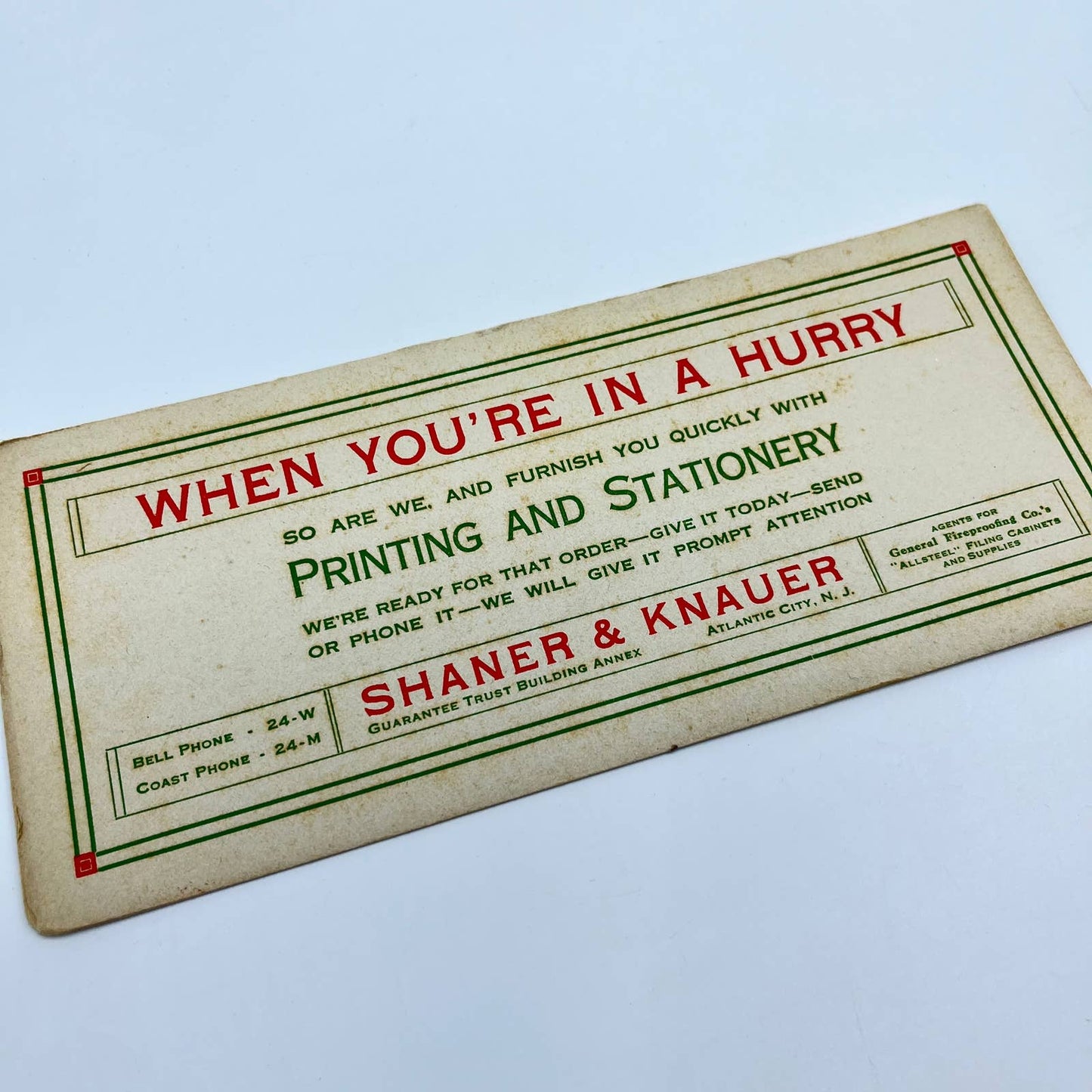 1930s Blotter Card Shaner & Knauer Printing & Stationary Atlantic City NJ SC8