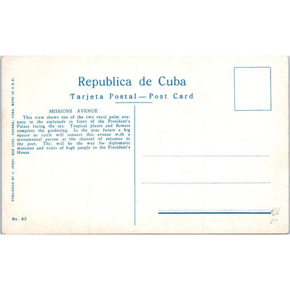 Missions Avenue, Havana Cuba Original Postcard TK1-P13