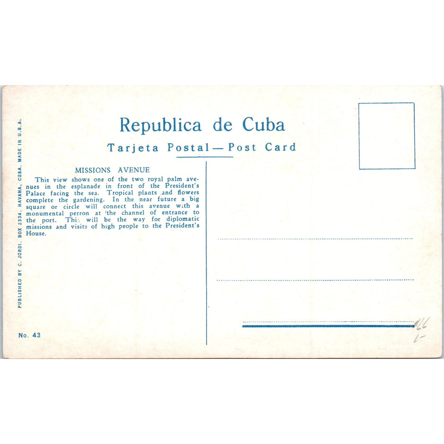 Missions Avenue, Havana Cuba Original Postcard P2-3