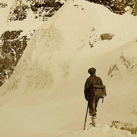 1901 Stereoview Mountain Climber Traversing Alps in Switzerland Swiss Alps