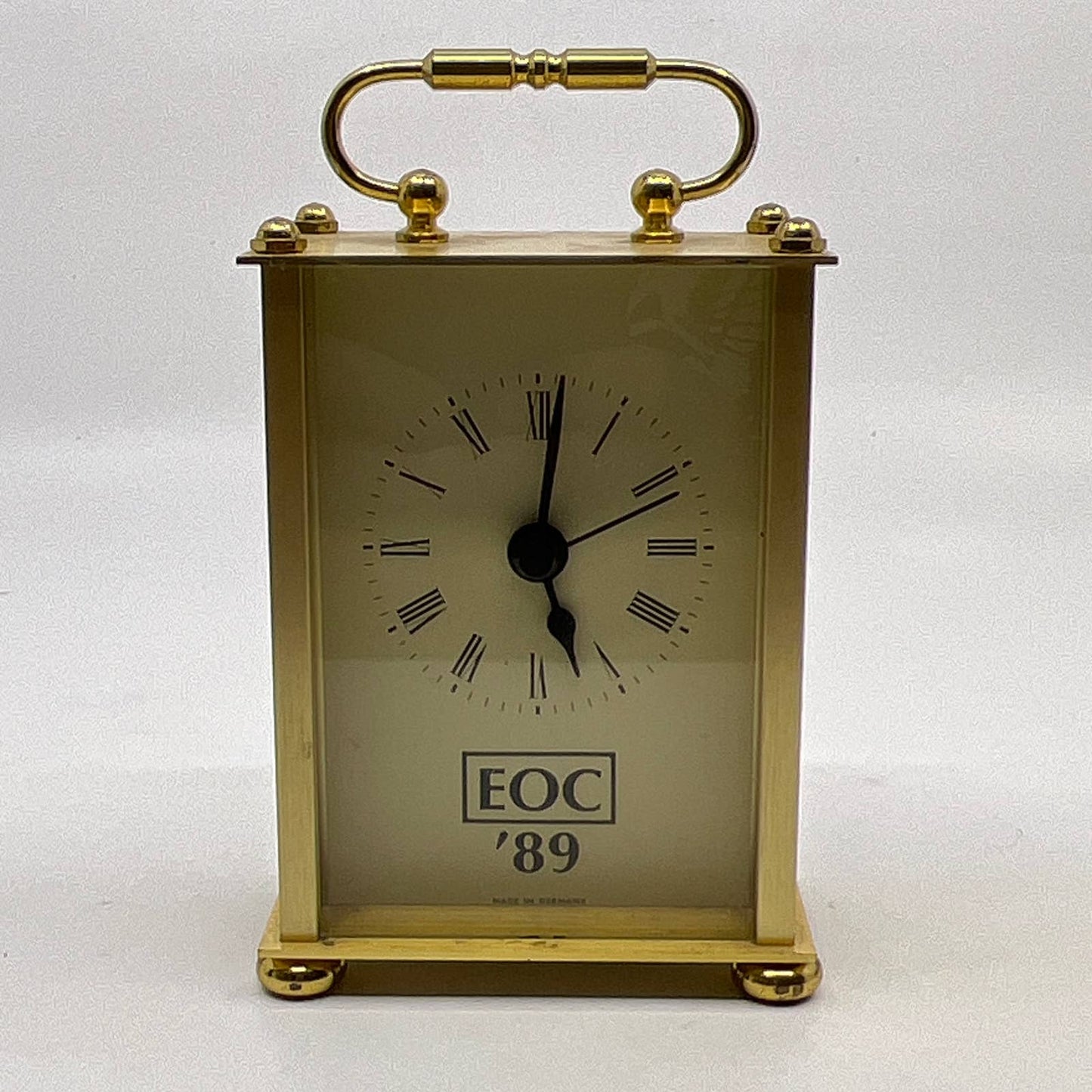 Vintage Brass Mini Clock EUC ‘89 Germany Quartz Mantel Carriage Case WORKS TH5