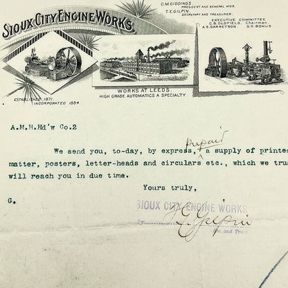 1884 Sioux City Engine Works Letterhead Sioux City Iowa AB5