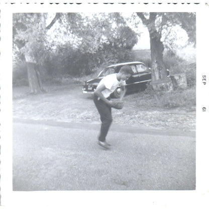 1961 Original Photograph Boy Playing Baseball in the Street 3.5" AD8-P12