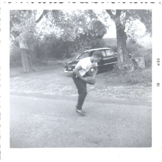 1961 Original Photograph Boy Playing Baseball in the Street 3.5" AD8-P12