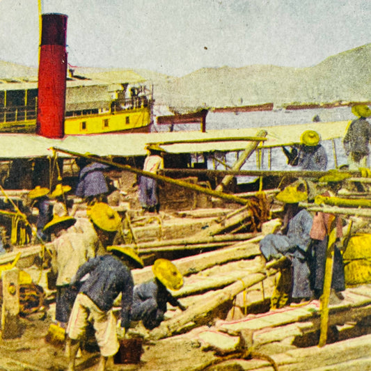 c1900 Stereoview Card Chinese Junks in the Harbor Hong Kong China Steamship SB8