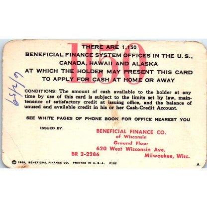 1959 Beneficial Finance System Cash Credit Account Card Milwaukee Obsolete SE5-2