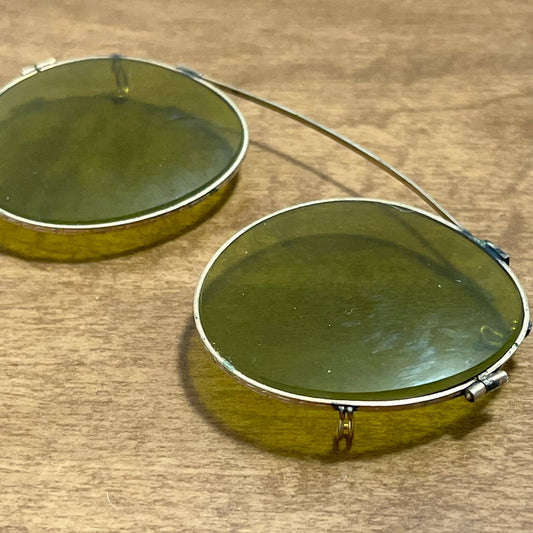 Vintage Art Deco Etched Brass and Olive Green Lens Clip on Sunglasses