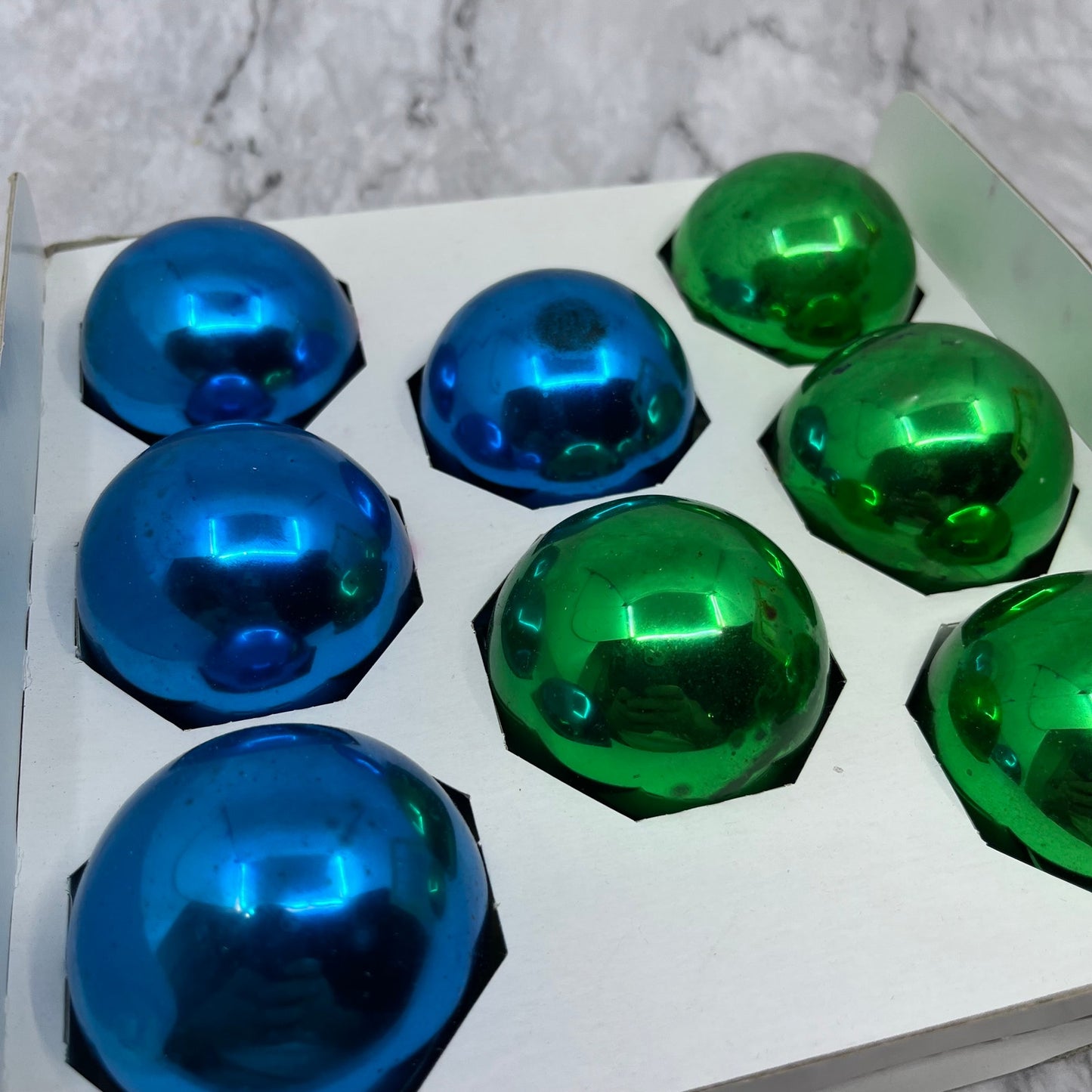 HOLLY 8 Vintage 2 1/4" Mercury Glass Ornaments Original Box Blue Green TK3