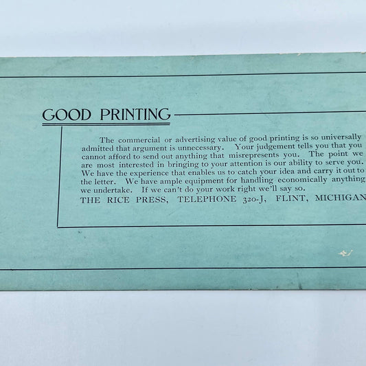 1920s Blotter Card Good Printing - The Rice Press Flint MI SC8