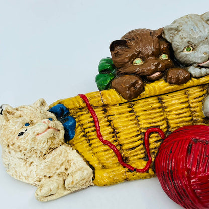 Vintage Hand Painted Chalkware Wall Hanging 3 Kitty Cats in a Basket 8 x 5 TC5