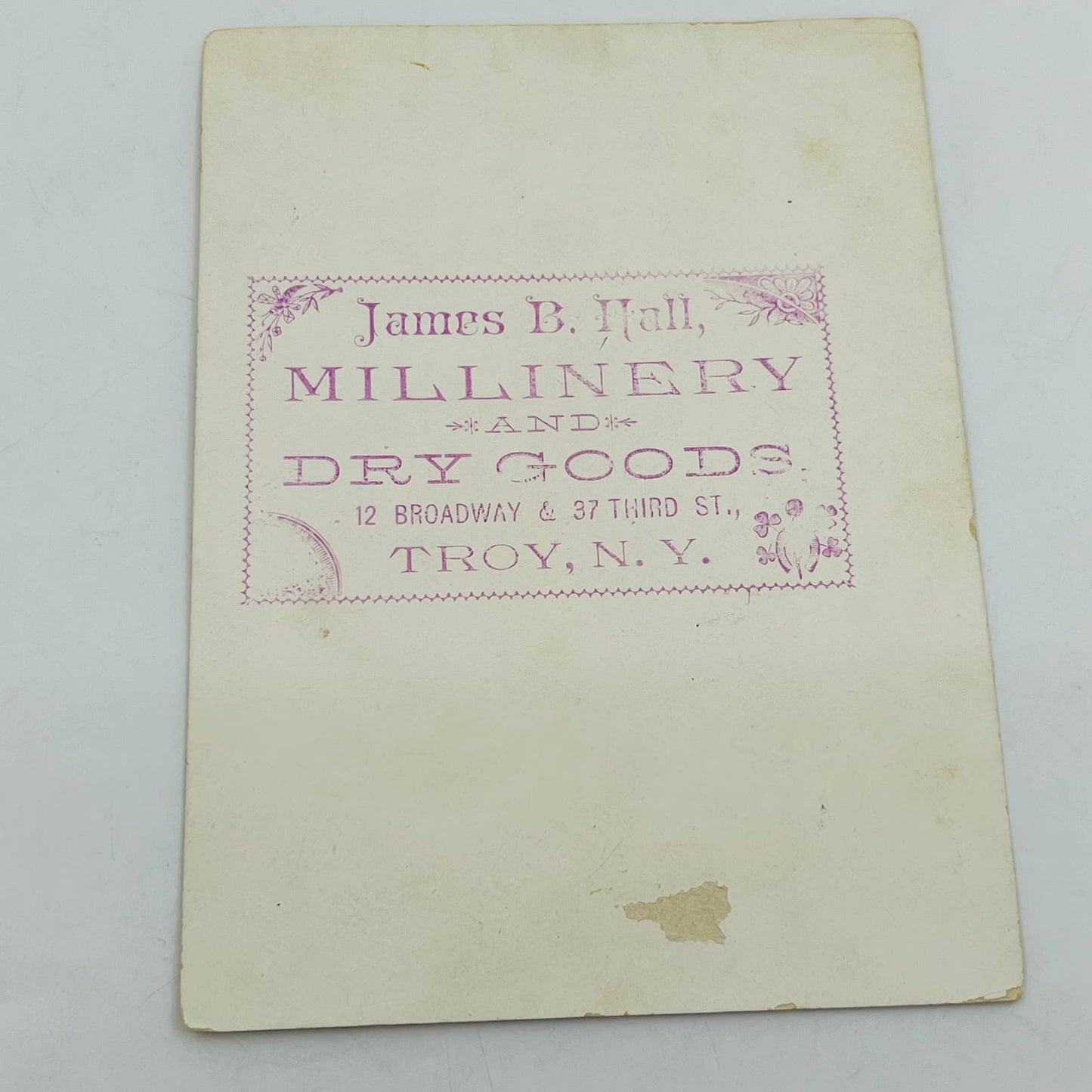 Victorian 1800s Trade Card Magnolia Cherub James B. Hall Millinery Troy NY AA3