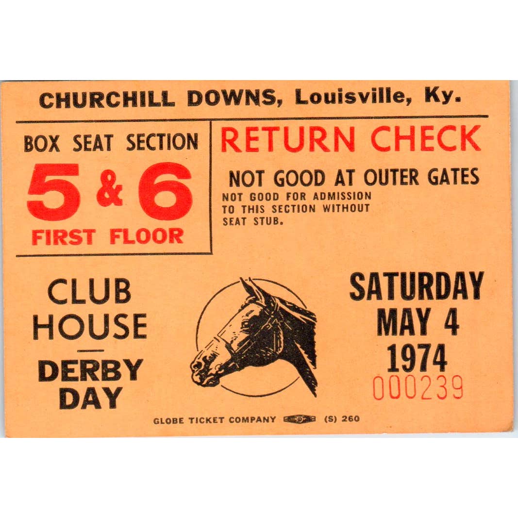 1974 Kentucky Derby Ticket Churchill Downs Clubhouse SE4