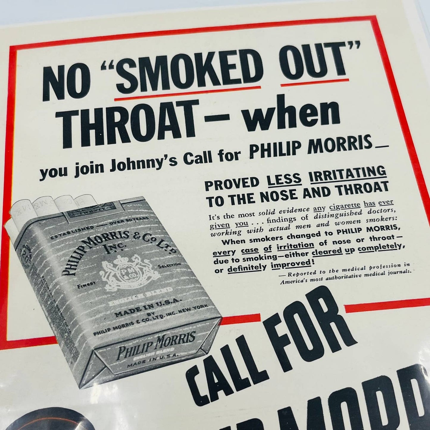 Vintage 1940s Phillip Morris Cigarette Ad Bellboy Smoked Out Throat 8x11 C9