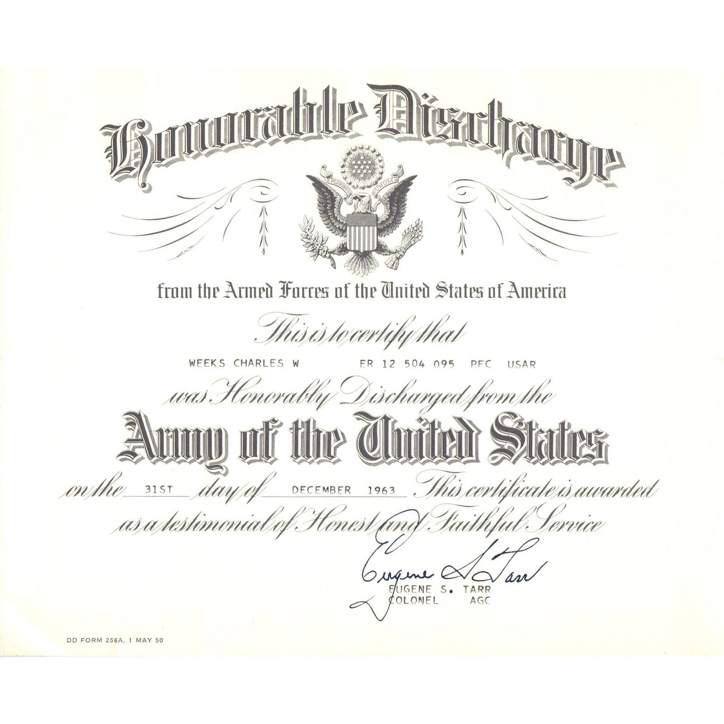 1963 US Army Honorable Discharge Certificate Charles W. Weeks AD4