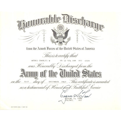 1963 US Army Honorable Discharge Certificate Charles W. Weeks AD4
