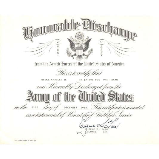 1963 US Army Honorable Discharge Certificate Charles W. Weeks AD4