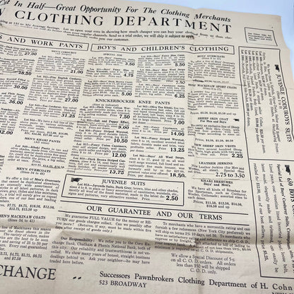 c1920 Schochet’s Clothing Exchange Pawnbroker Fold Out Price List Ad NYC NY AA8