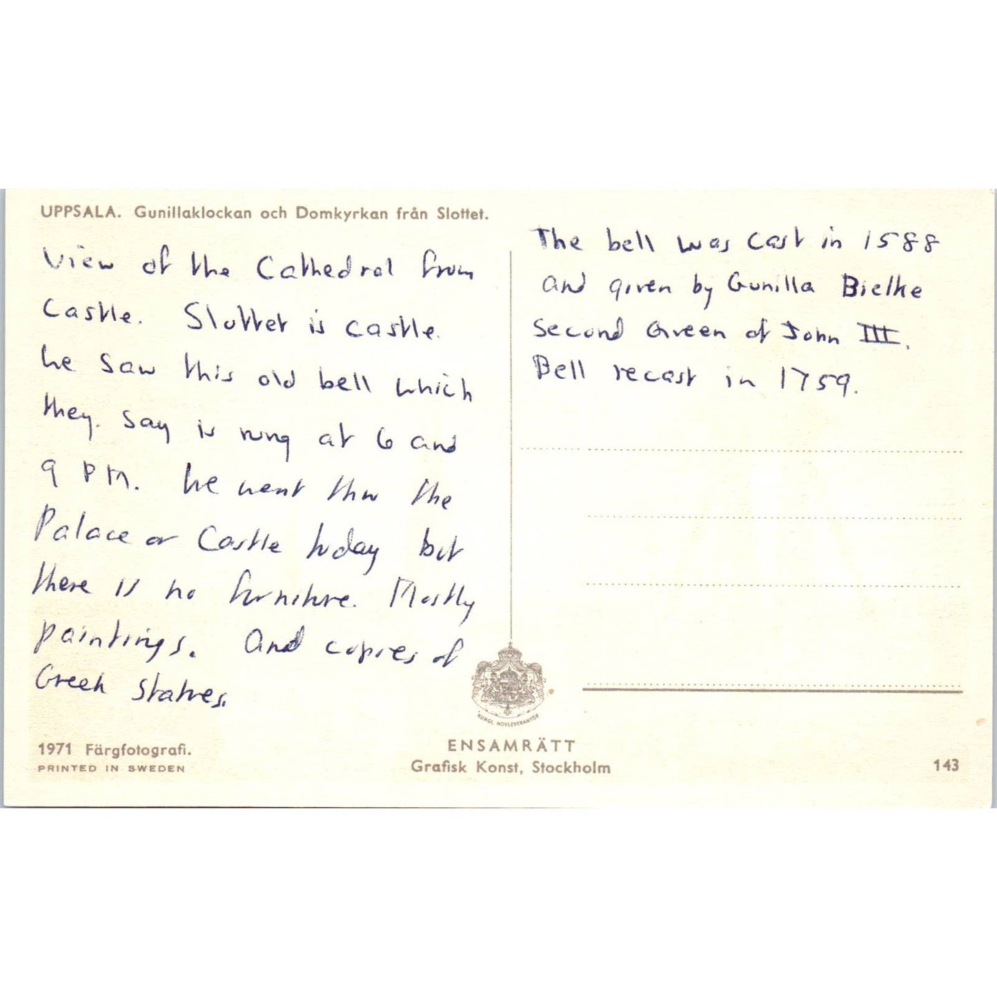 Uppsala Gunillaklockan Och Domkyrkan Från Slottet Sweden Postcard TK1-21