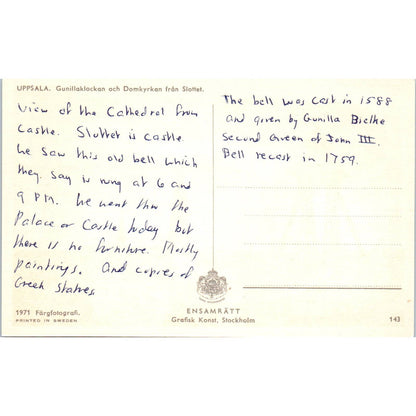 Uppsala Gunillaklockan Och Domkyrkan Från Slottet Sweden Postcard TK1-21