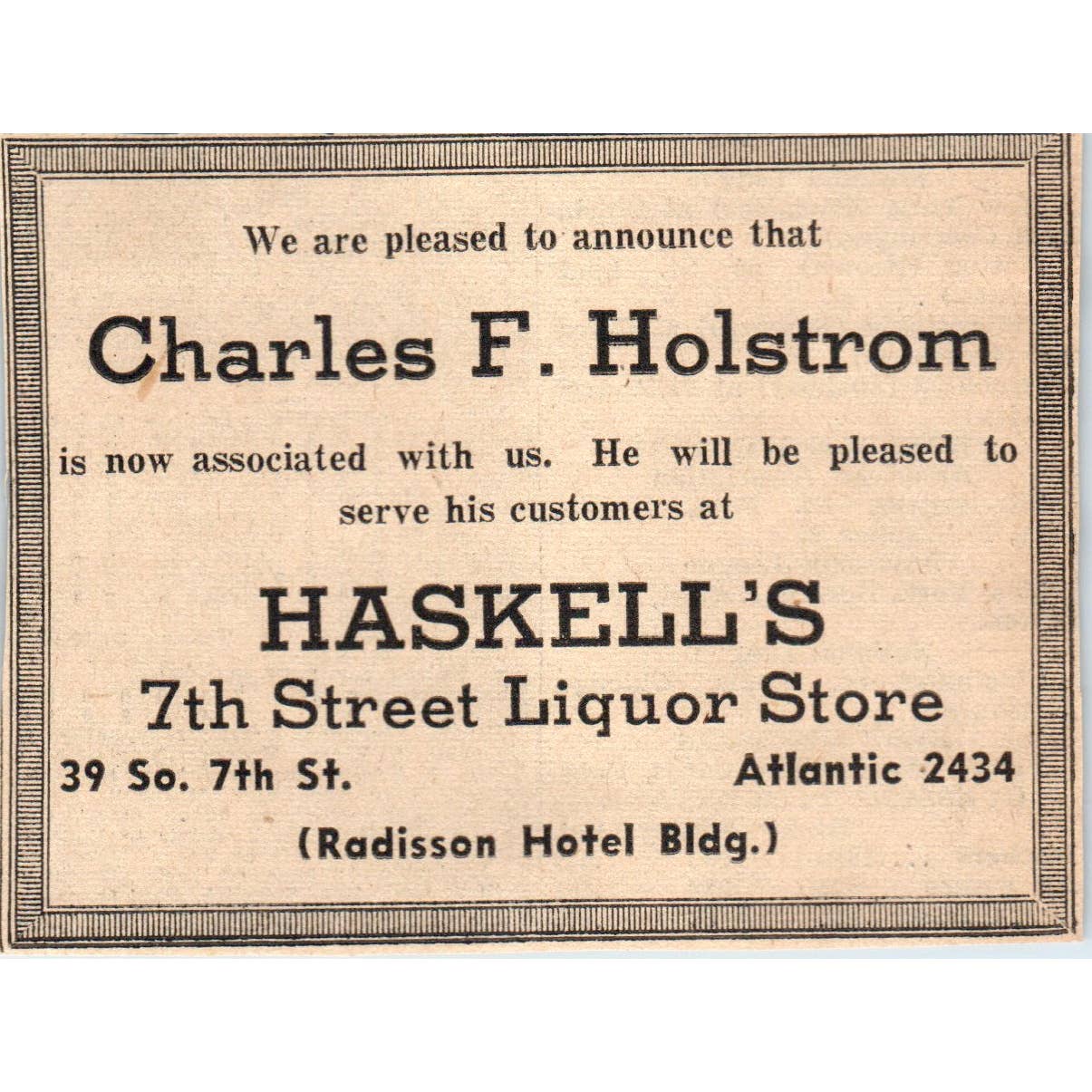 1935 Mpls Newspaper Ad Charles F. Holstrom Haskell's 7th St. Liquor Store FL5-6