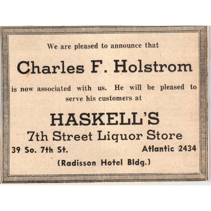 1935 Mpls Newspaper Ad Charles F. Holstrom Haskell's 7th St. Liquor Store FL5-6