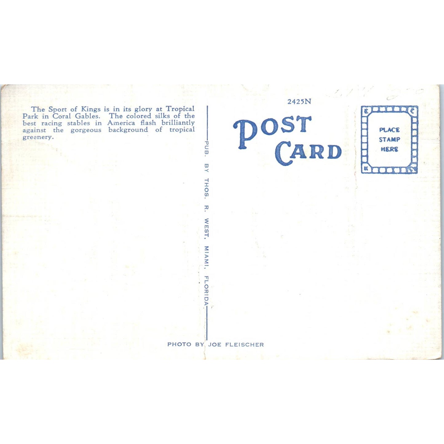 Tropical Park Horse Race Track Coral Gables Florida Original Postcard TK1-23