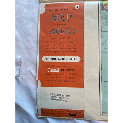 Rand McNally Map of World Rexall Drug Clough & Son Milledgeville IL 36x19 FL3