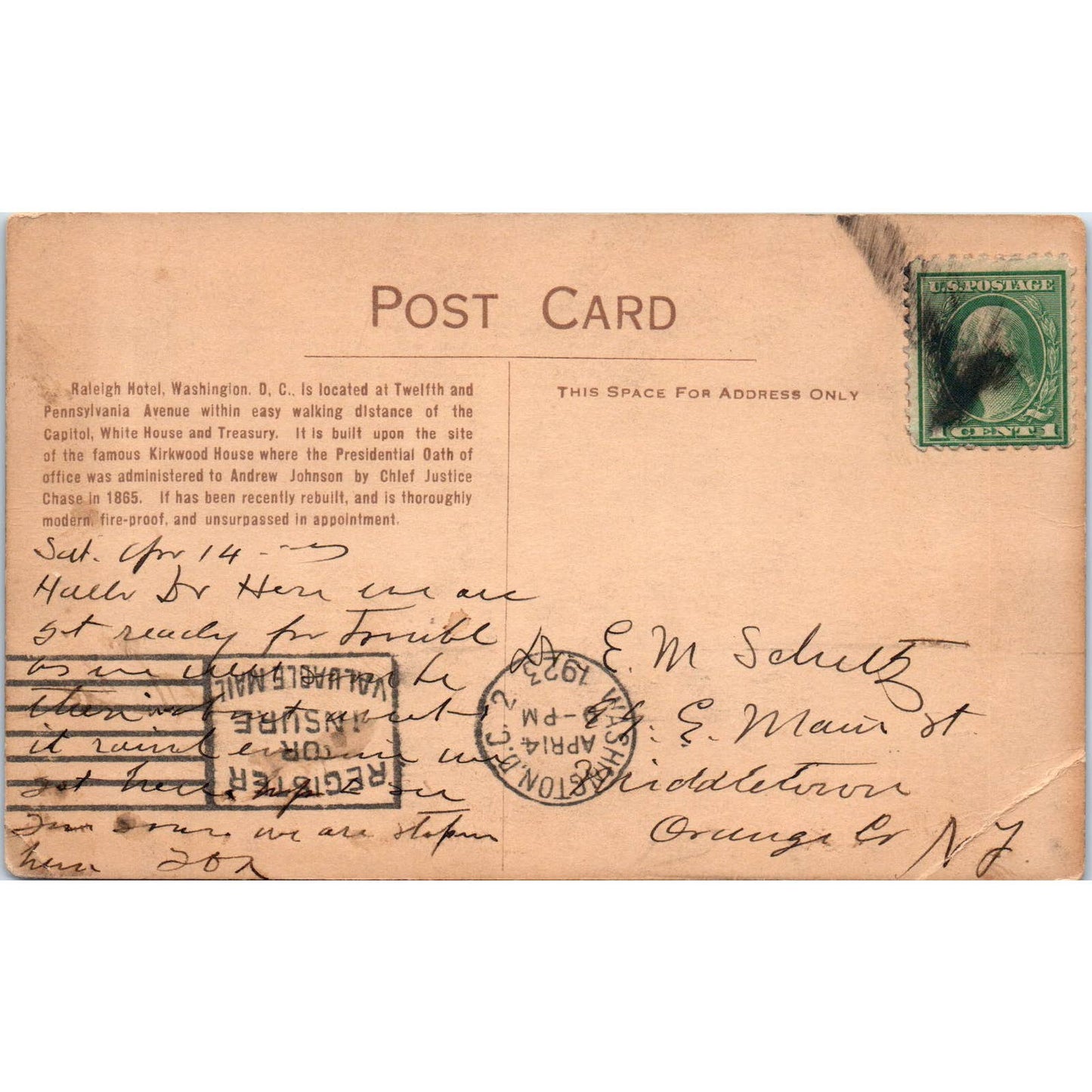 Raleigh Hotel at Night 1923 Washington D.C. Original Postcard TK1-P2