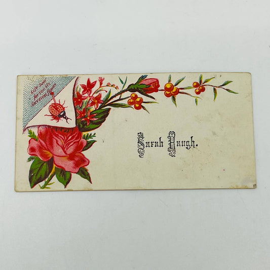 1880s Victorian Calling Card Sarah Haugh Floral Ladybug AA2