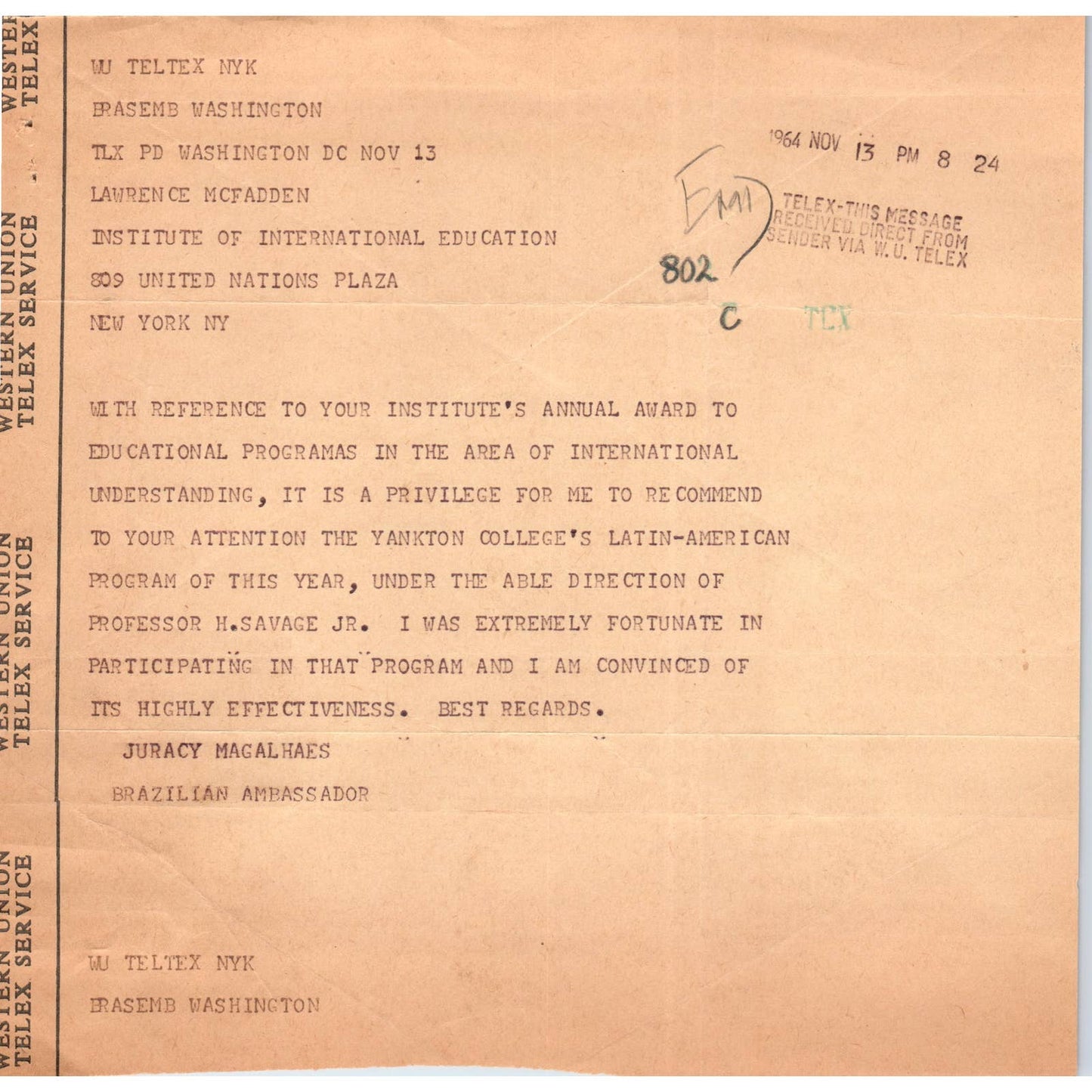Western Union Telex Brazil Ambassador Juracy Magalhaes 1964 TK1-P4