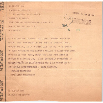 Western Union Telex Brazil Ambassador Juracy Magalhaes 1964 TK1-P4