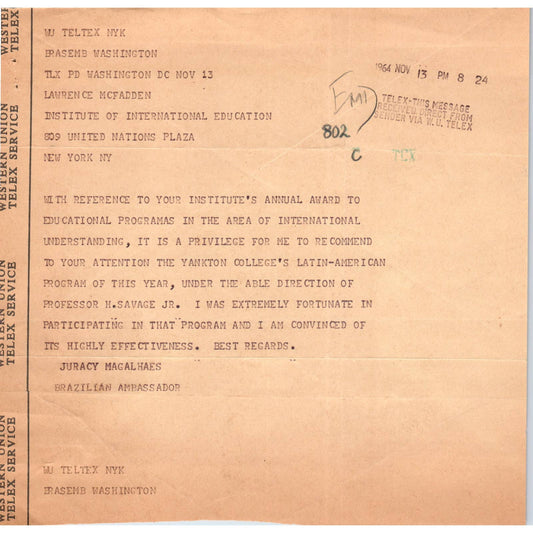 Western Union Telex Brazil Ambassador Juracy Magalhaes 1964 TK1-P4