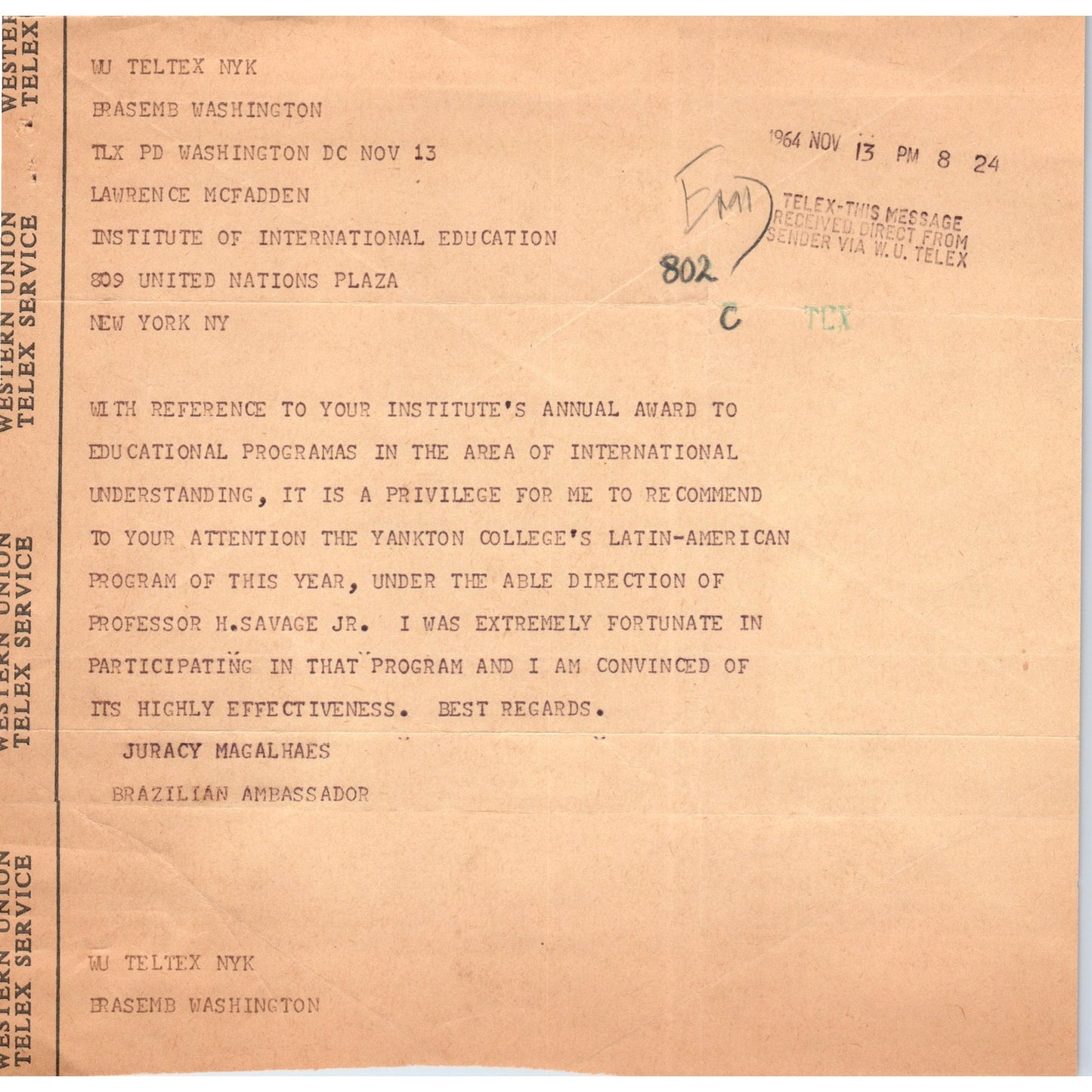 Western Union Telex Brazil Ambassador Juracy Magalhaes 1964 B10