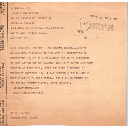 Western Union Telex Brazil Ambassador Juracy Magalhaes 1964 B10