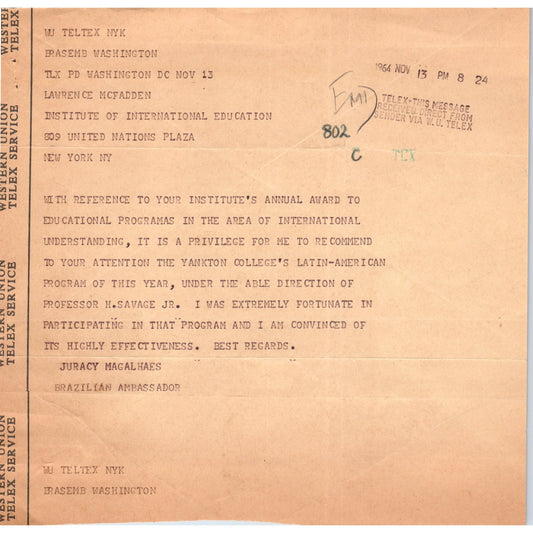 Western Union Telex Brazil Ambassador Juracy Magalhaes 1964 B10
