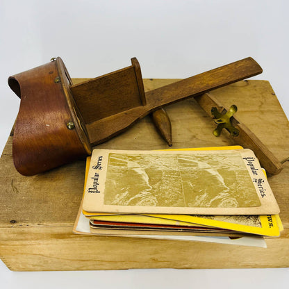 1870s Solid Wood STEREOSCOPE VIEWER Optical 3D Viewer w/ Stack of Cards & Box