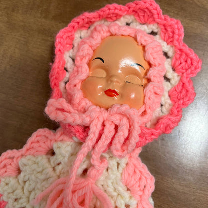 Vintage 1960s Crocheted Plastic Doll Face Pot Holders Pink White TH6