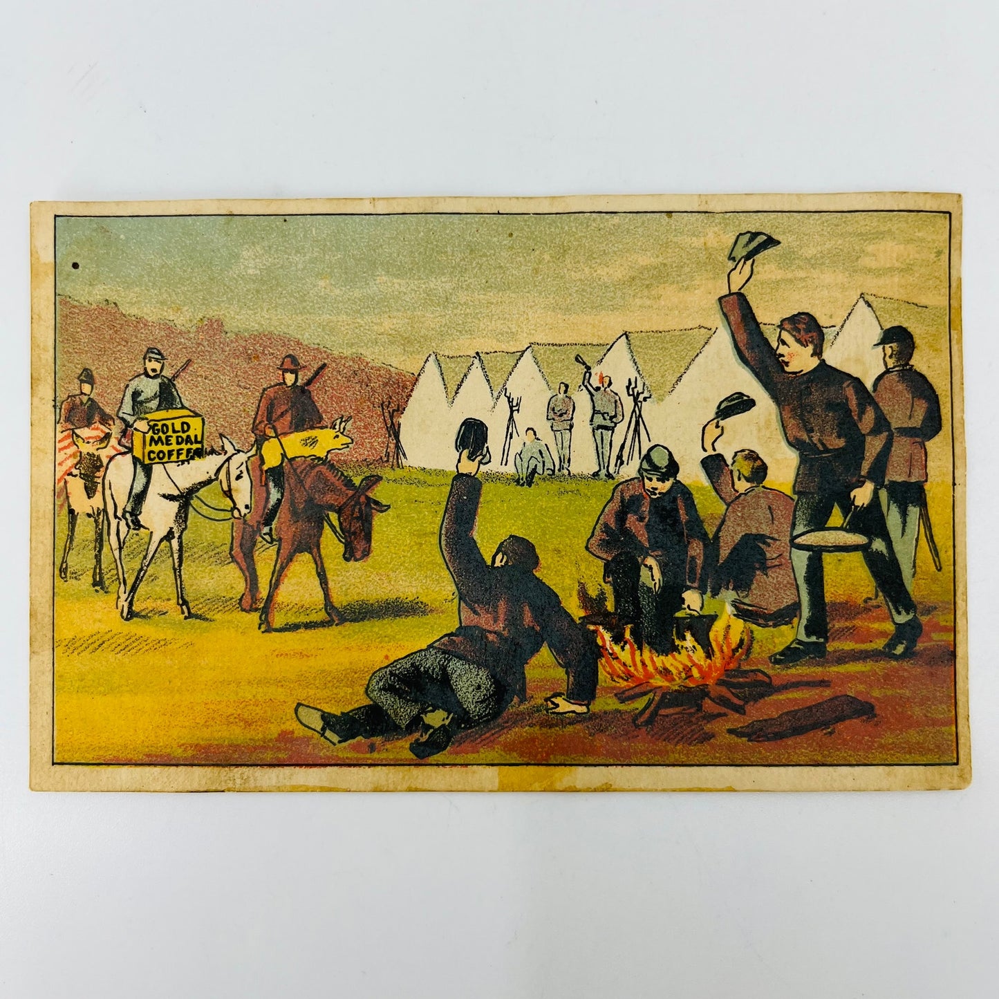 1880s Victorian Trade Card Gold Medal Coffee Civil War Army Camp Scene AH9-M9