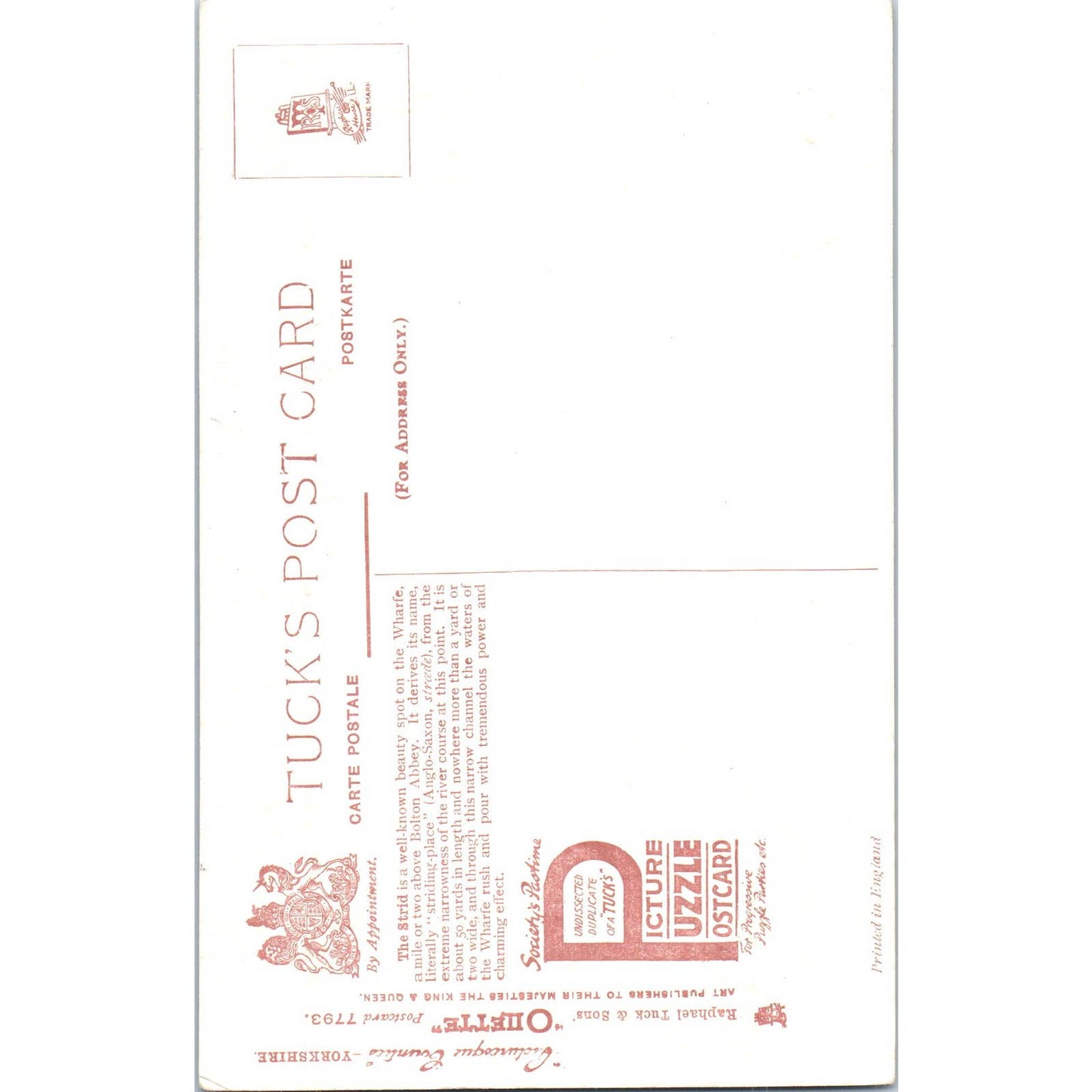 Yorkshire The Strid Raphael Tuck Oilette Original Postcard TK1-P14