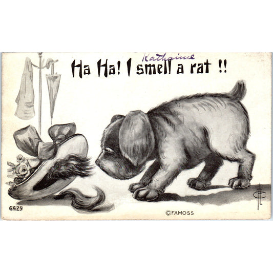 1910 Smell a Rat Puppy Dog Artist Fred Cavally Original Postcard P1-12