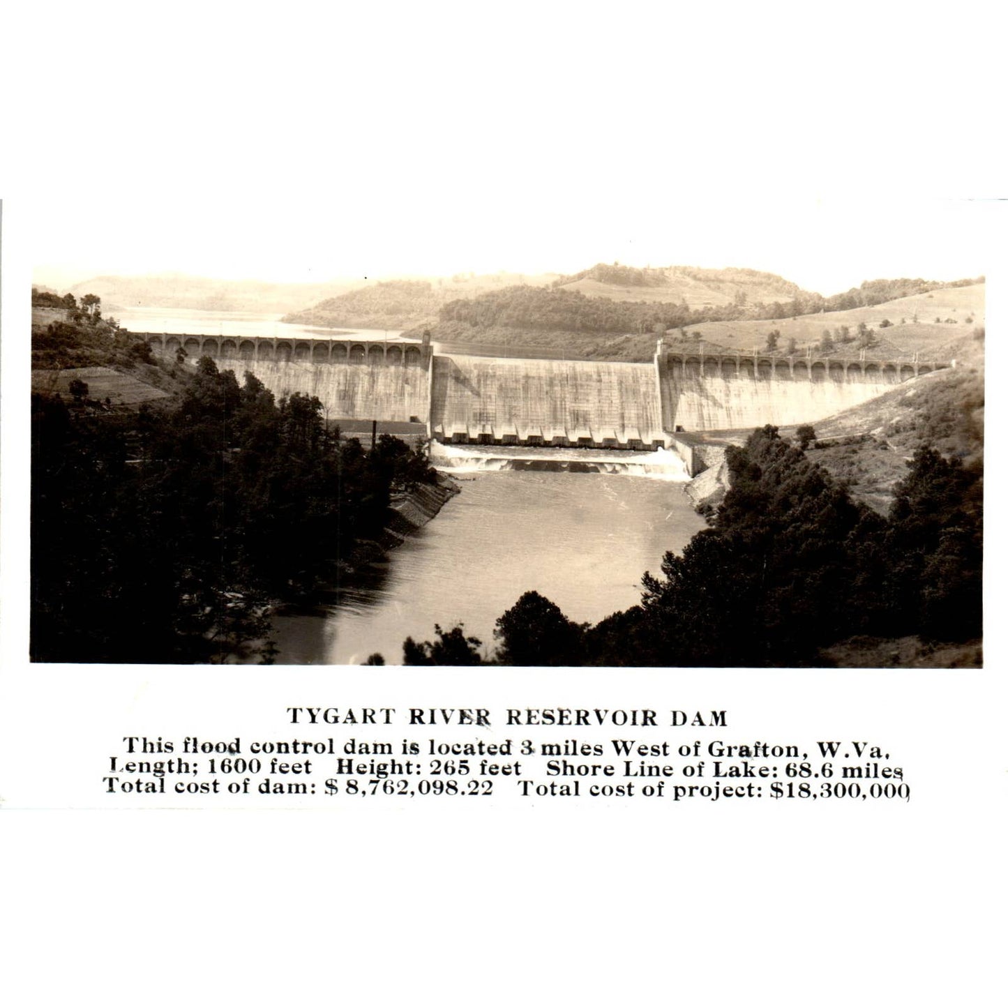 Tygart River Reservoir Dam Grafton W. Va. RPPC Original Postcard TK1-24