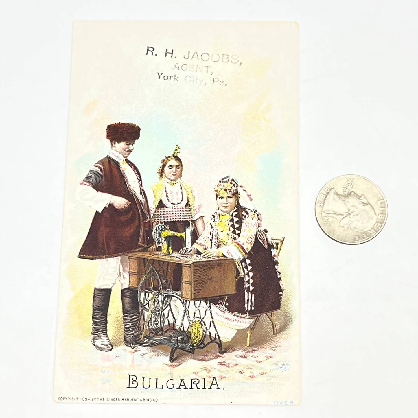 1894 Victorian Trade Card Singer Sewing Machines Bulgaria Women Sewing AB6