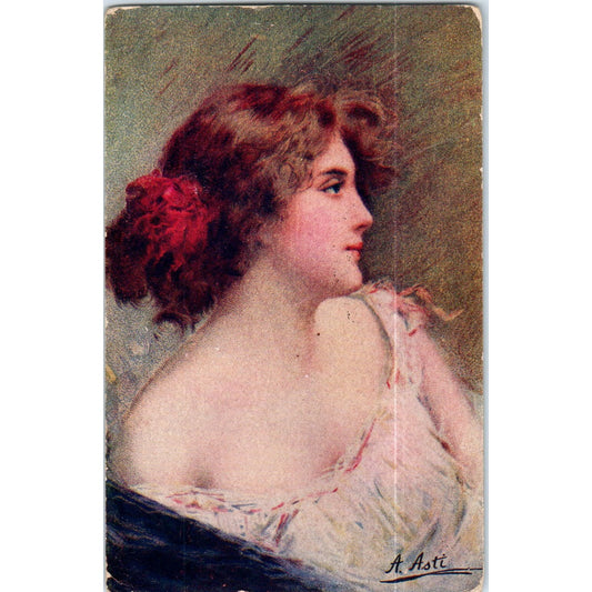 Artist Signed Angelo Asti Redhead Woman Flower in Hair Original Postcard P2-5