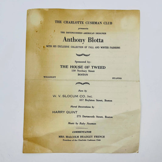 1920s Fashion Show Program ANTHONY BLOTTA Cushman Club House of Tweed Boston D1