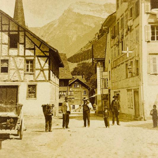 1885 Stereoview Street View Amsteg Switzerland Men with Cart Chalets Swiss Alps